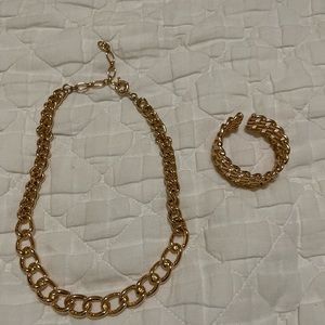 Matching Thick Gold Chained Statement Necklace and Cuff Bracelet